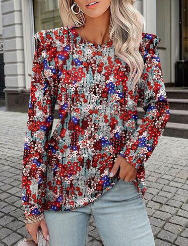 Womens Long Sleeve Ruffle Tops Casual Round Neck Fall Shirts Loose Fit Lightweight Pullover Blouses in Saudi Arabia