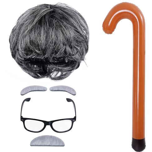 4Pcs Old Man Costume Accessories, Wig, Black Glasses, Grandpa Inflatable Walking Cane, Mustache and Eyebrows Set (Grey) in Saudi Arabia