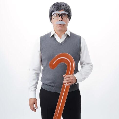 4Pcs Old Man Costume Accessories, Wig, Black Glasses, Grandpa Inflatable Walking Cane, Mustache and Eyebrows Set (Grey) in Saudi Arabia