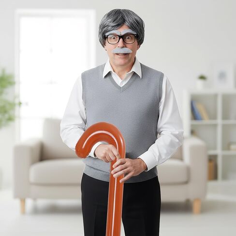 4Pcs Old Man Costume Accessories, Wig, Black Glasses, Grandpa Inflatable Walking Cane, Mustache and Eyebrows Set (Grey) in Saudi Arabia