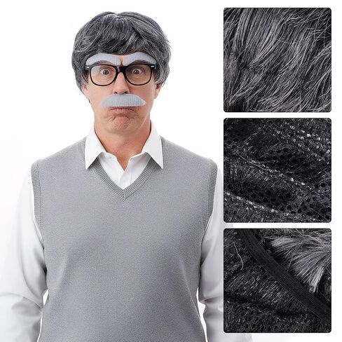 4Pcs Old Man Costume Accessories, Wig, Black Glasses, Grandpa Inflatable Walking Cane, Mustache and Eyebrows Set (Grey) in Saudi Arabia