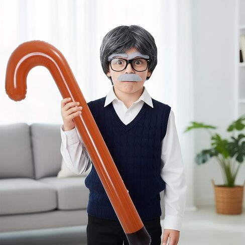 4Pcs Old Man Costume Accessories, Wig, Black Glasses, Grandpa Inflatable Walking Cane, Mustache and Eyebrows Set (Grey) in Saudi Arabia