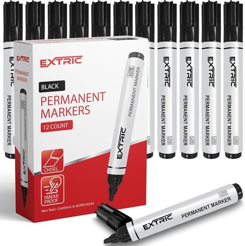 EXTRIC Black Permanent Markers, Chisel Tip, 36 Count Bulk, Quick Drying Ink, Works on Paper, Wood, Plastic, Metal and Glass, Great for Home, Office and School use in Kuwait