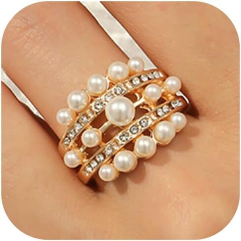 HUASAI Pearl Rings for Women Adjustable Open Pearls Finger Ring Stretch Stackable Rings Wedding Ring Accessories Jewelry Gifts Stocking Stuffers in Saudi Arabia