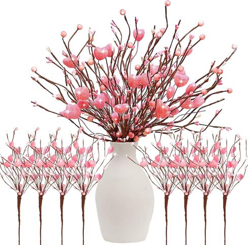 Lyrow 8 Pack Valentine's Day Artificial Glitter Berry Flower Stems Heart Shaped Berry Picks 16 Inch Stems Valentine's Day Gifts Flower for Party Wedding Decor(Red) in Saudi Arabia