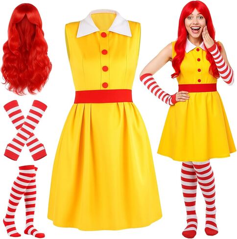 TaoBary 4 Pcs Halloween Fast Food Clown Waitress Costume Set for Women Long Arm Gloves Knee High Socks Red Wig for Cosplay in Saudi Arabia