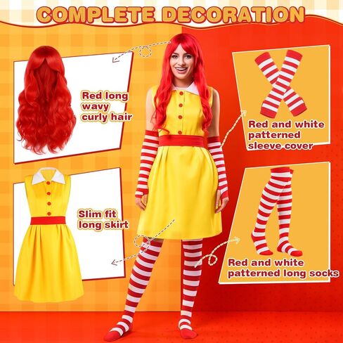 TaoBary 4 Pcs Halloween Fast Food Clown Waitress Costume Set for Women Long Arm Gloves Knee High Socks Red Wig for Cosplay in Saudi Arabia