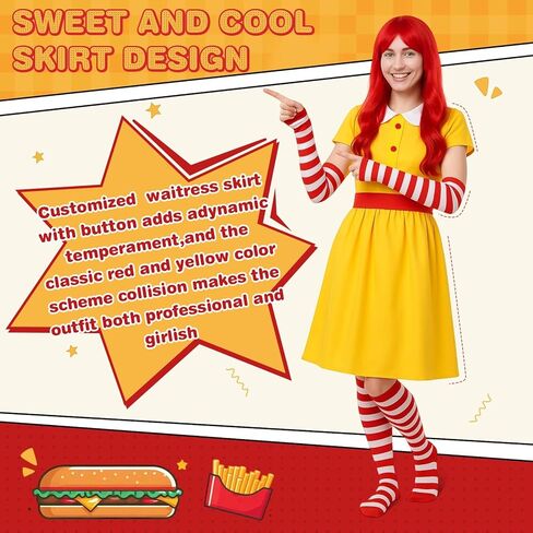 TaoBary 4 Pcs Halloween Fast Food Clown Waitress Costume Set for Women Long Arm Gloves Knee High Socks Red Wig for Cosplay in Saudi Arabia