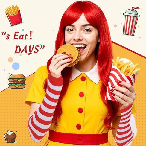 TaoBary 4 Pcs Halloween Fast Food Clown Waitress Costume Set for Women Long Arm Gloves Knee High Socks Red Wig for Cosplay in Saudi Arabia