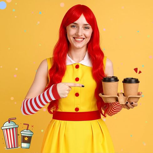 TaoBary 4 Pcs Halloween Fast Food Clown Waitress Costume Set for Women Long Arm Gloves Knee High Socks Red Wig for Cosplay in Saudi Arabia