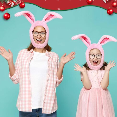 2 Pcs Christmas Pink Bunny Costume Rabbit Hat Accessories with Long Ears Pink Bunny Hood Brown Glassses for Men Women Christmas Easter Party Cosplay Dress up in Saudi Arabia