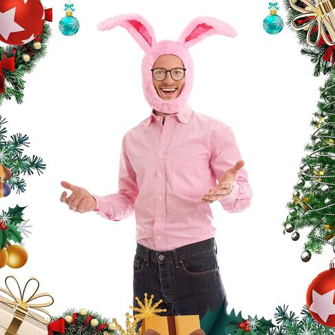 2 Pcs Christmas Pink Bunny Costume Rabbit Hat Accessories with Long Ears Pink Bunny Hood Brown Glassses for Men Women Christmas Easter Party Cosplay Dress up in Saudi Arabia