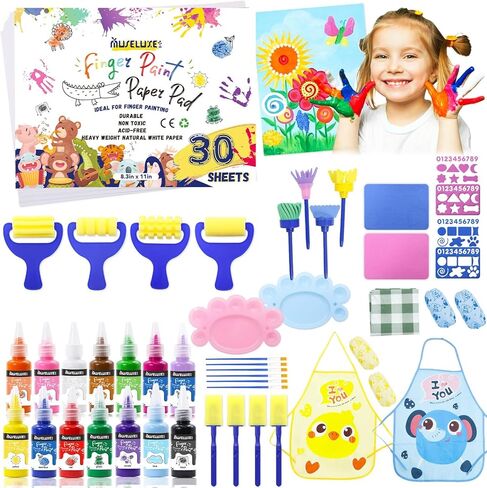 45PCS Kids Washable Finger Paint Kit,12 Colors Non Toxic Finger Paints,Art Painting Supplies for Toddlers - Paper,Brushes,Sponges,Children Drawing Gift for Kids Boys Girls in Kuwait