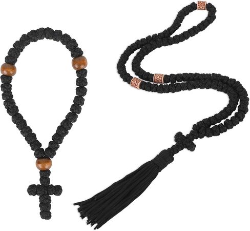 2pcs Orthodox Prayer Rope Set, Tassel Cross Chotki Prayer Rope Necklace and Matching Gift Bracelet for Christian Decoration(Black) in Saudi Arabia