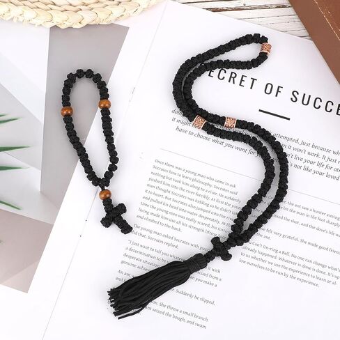 2pcs Orthodox Prayer Rope Set, Tassel Cross Chotki Prayer Rope Necklace and Matching Gift Bracelet for Christian Decoration(Black) in Saudi Arabia
