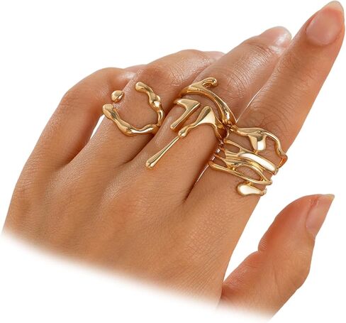 FUTIMELY 4Pcs Water Liquid Open Knuckle Ring Set,Aesthetic Plated Gold Lava Hollow Statement Rings Set,Vintage Liquid Stackable Midi Rings Set for Women in Saudi Arabia