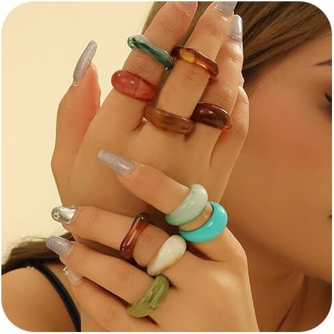 10Pcs Chunky Resin Colorful Stack Statement Rings for Women Fashion Rainbow Stacked Knuckle Plastic Ring Trendy Cute Acrylic Stackable Jewelry Gifts in Saudi Arabia