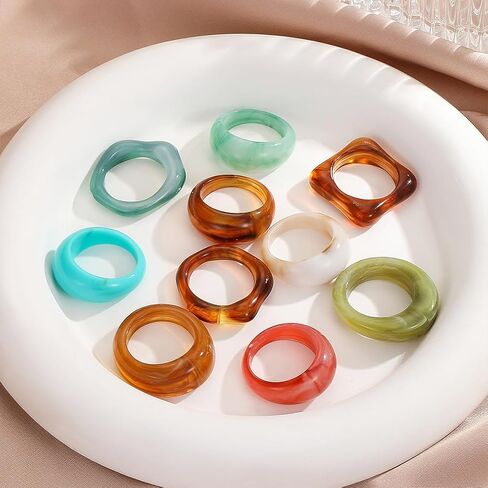 10Pcs Chunky Resin Colorful Stack Statement Rings for Women Fashion Rainbow Stacked Knuckle Plastic Ring Trendy Cute Acrylic Stackable Jewelry Gifts in Saudi Arabia