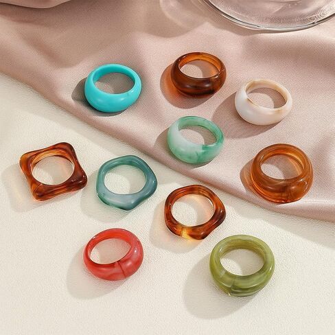 10Pcs Chunky Resin Colorful Stack Statement Rings for Women Fashion Rainbow Stacked Knuckle Plastic Ring Trendy Cute Acrylic Stackable Jewelry Gifts in Saudi Arabia