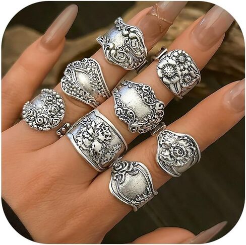 vintage floral ring silver adjustable ring boho jewelry hand carved rings for women bohemian gift fall fashion in Saudi Arabia