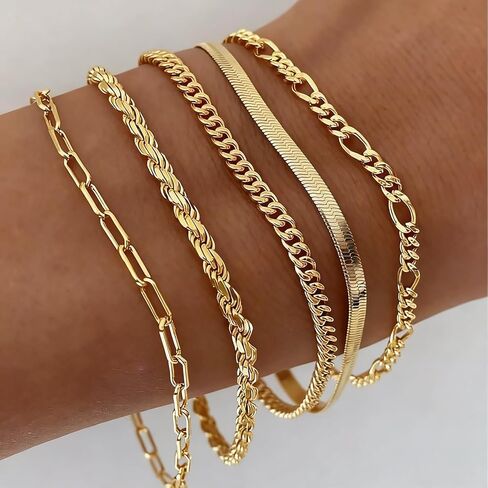 5Pcs Gold Bracelets for Women Waterproof, Fashionable Jewelry Sets Trendy Thin Dainty Stackable Cuban Link Paperclip Chain Bracelet Pack，Fashion Accessories Gifts for Womens in Saudi Arabia