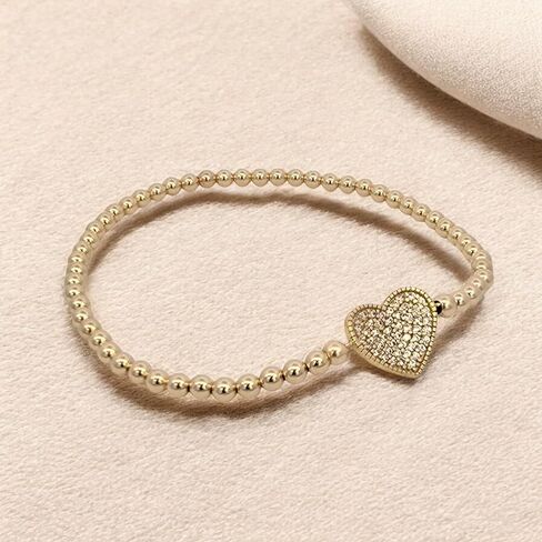 Anela 14kt Gold Filled Stretch Beaded Bracelet with Heart Pendant & Cubic Zirconia Stones – Dainty Jewelry Gift for Women in Saudi Arabia