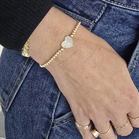 Anela 14kt Gold Filled Stretch Beaded Bracelet with Heart Pendant & Cubic Zirconia Stones – Dainty Jewelry Gift for Women in Saudi Arabia