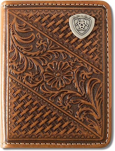 ARIAT Men's Bifold Flip Leather Wallet with Basket Weave & Floral Embossing and Shield Concho in Saudi Arabia
