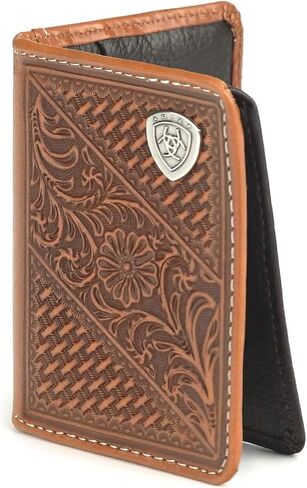 ARIAT Men's Bifold Flip Leather Wallet with Basket Weave & Floral Embossing and Shield Concho in Saudi Arabia