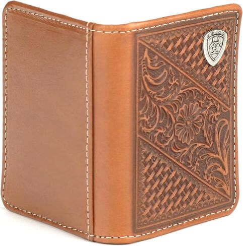 ARIAT Men's Bifold Flip Leather Wallet with Basket Weave & Floral Embossing and Shield Concho in Saudi Arabia
