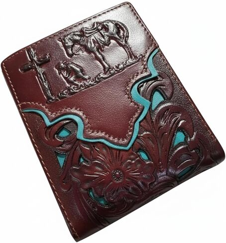 Men’s Short Leather Wallet – Embossed Cowboy Praying at Cross with Laser Cut Design – Christian Western Bifold Wallet for Ranchers, Cowboys & Faith-Based Gifts in Saudi Arabia