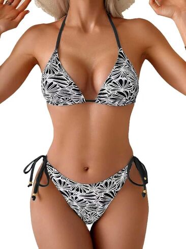 Fanuerg Women's Halter String Triangle Bikini Sets Sexy Floral Textured Two Piece Swimsuit Bathing Suit in Saudi Arabia