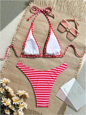 GORGLITTER Women's Striped Thong Bikini Cheeky Halter Swimsuit Low Rise Bathing Suit Beachwear in Saudi Arabia