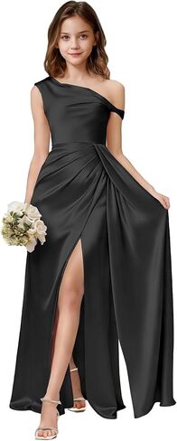 One Shoulder Junior Bridesmaid Dresses Girls Wedding Guest Satin Flower Girl Dress Side Slit Formal Pageant Gown in Saudi Arabia