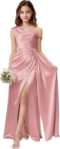 One Shoulder Junior Bridesmaid Dresses Girls Wedding Guest Satin Flower Girl Dress Side Slit Formal Pageant Gown in Saudi Arabia