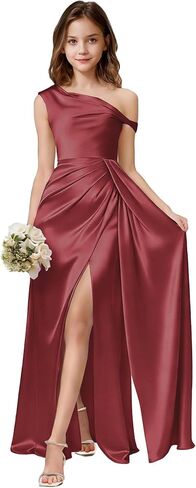 One Shoulder Junior Bridesmaid Dresses Girls Wedding Guest Satin Flower Girl Dress Side Slit Formal Pageant Gown in Saudi Arabia
