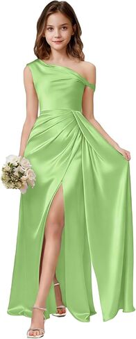 One Shoulder Junior Bridesmaid Dresses Girls Wedding Guest Satin Flower Girl Dress Side Slit Formal Pageant Gown in Saudi Arabia