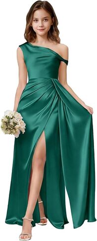 One Shoulder Junior Bridesmaid Dresses Girls Wedding Guest Satin Flower Girl Dress Side Slit Formal Pageant Gown in Saudi Arabia