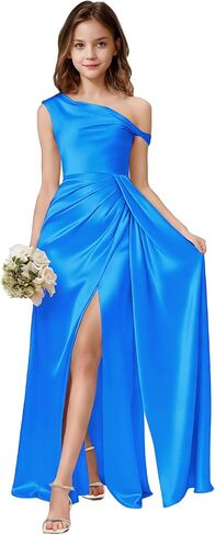 One Shoulder Junior Bridesmaid Dresses Girls Wedding Guest Satin Flower Girl Dress Side Slit Formal Pageant Gown in Saudi Arabia