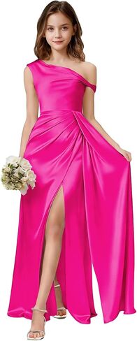 One Shoulder Junior Bridesmaid Dresses Girls Wedding Guest Satin Flower Girl Dress Side Slit Formal Pageant Gown in Saudi Arabia