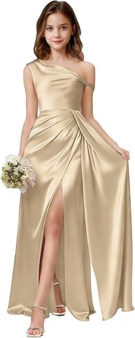 One Shoulder Junior Bridesmaid Dresses Girls Wedding Guest Satin Flower Girl Dress Side Slit Formal Pageant Gown in Saudi Arabia