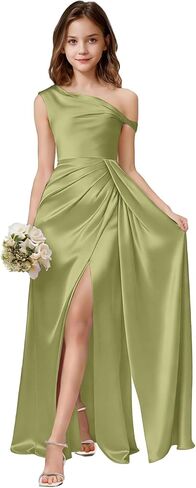 One Shoulder Junior Bridesmaid Dresses Girls Wedding Guest Satin Flower Girl Dress Side Slit Formal Pageant Gown in Saudi Arabia