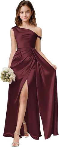 One Shoulder Junior Bridesmaid Dresses Girls Wedding Guest Satin Flower Girl Dress Side Slit Formal Pageant Gown in Saudi Arabia
