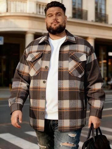 قميص رجالي من الفلانيل كبير وطويل منقوش، سترة بأكمام طويلة وأزرار ناعمة، 3XL-7XL in Kuwait
