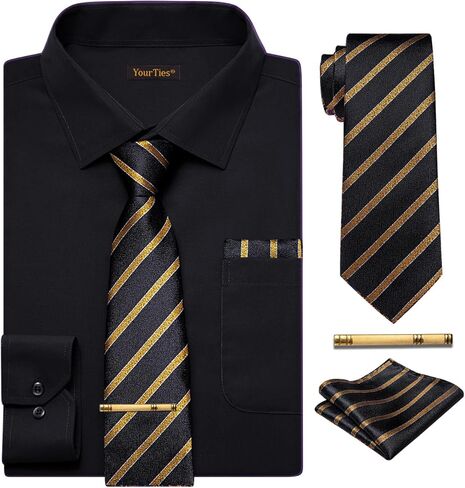 Mens Dress Shirt and Tie Set Soild Color Long Sleeve Button Down Wrinkle Free Shirts Formal Business Wedding in Kuwait