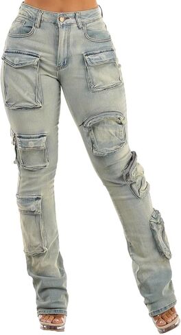 بنطلون جينز نسائي كاجوال من Moda Xpress عالي الخصر قابل للتمدد واسع الساق من قماش الدنيم مع جيوب للنساء in Saudi Arabia