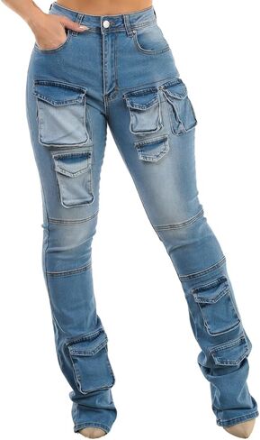 Moda Xpress Women's Casual High Waisted Stretchy Wide Leg Cargo Denim Jeans and Pants with Pockets for Women in Kuwait