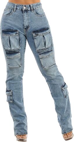 بنطلون جينز نسائي كاجوال من Moda Xpress عالي الخصر قابل للتمدد واسع الساق من قماش الدنيم مع جيوب للنساء in Saudi Arabia