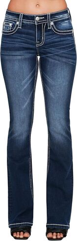 Miss Me Women's Nyah Cross Stitched Western Embellished Faux Flap Pockets Mid-Rise Bootcut Jeans in Saudi Arabia