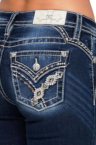 Miss Me Women's Nyah Cross Stitched Western Embellished Faux Flap Pockets Mid-Rise Bootcut Jeans in Saudi Arabia